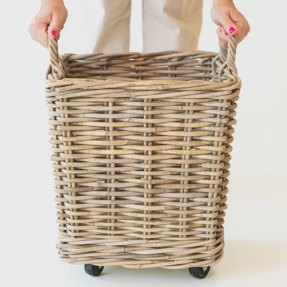 Rattan Square Storage Basket On Wheels- 19" H