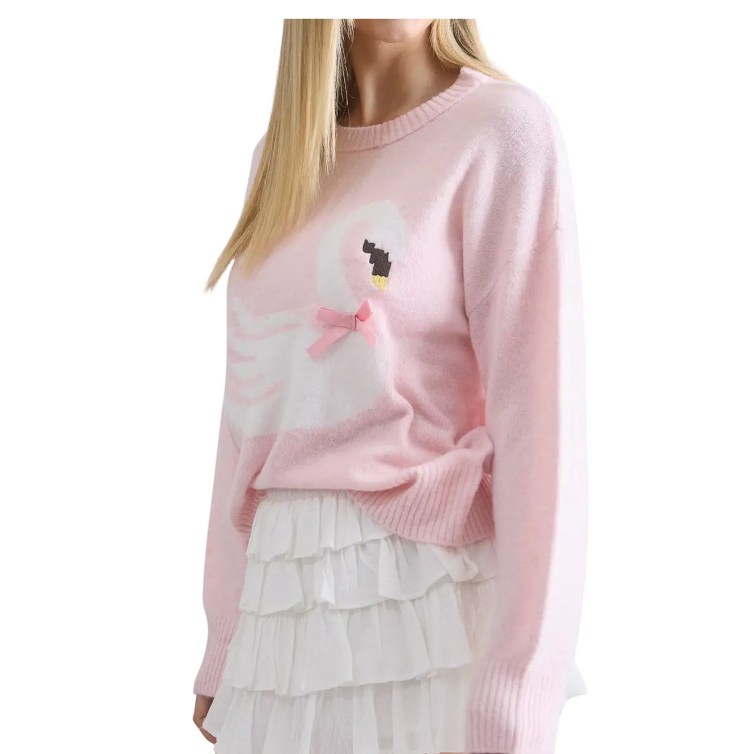Swan Bow Motif Knit Pullover Sweater