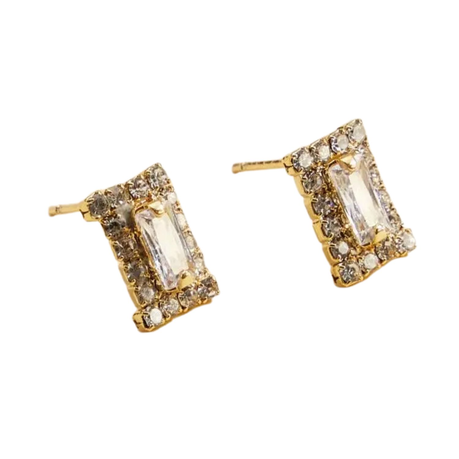 Cz &amp; Rhinestone Rectangle Gold Dip Stud Earrings