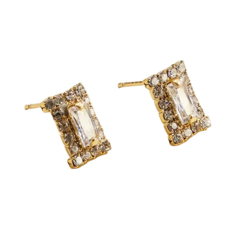 Cz &amp; Rhinestone Rectangle Gold Dip Stud Earrings