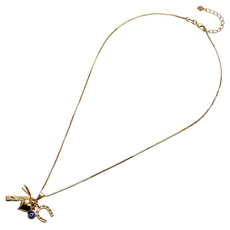 Gold Filled Charm Necklace – Heart, Horseshoe, Evil Eye &amp; Wishbone Pendant