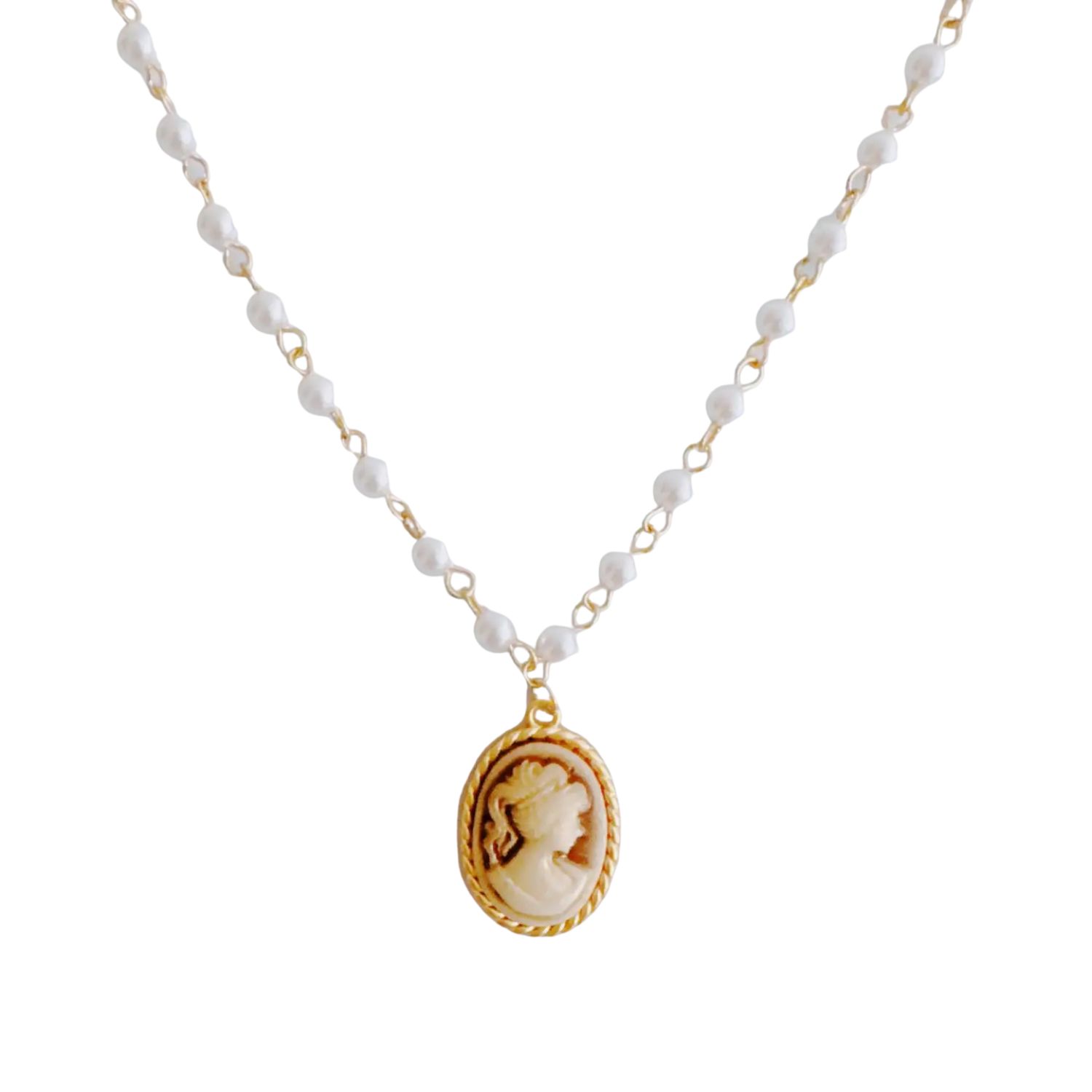 Vintage Pearl Chain Cameo Pendant Necklace