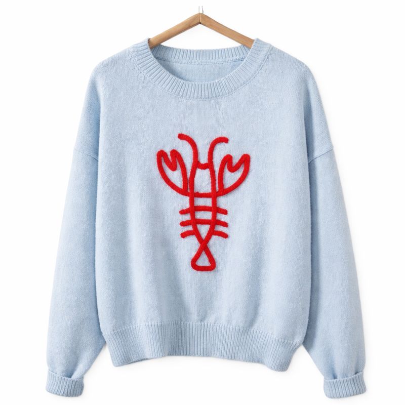 Playful Lobster Embroidery Relaxed Knit Sweater Top