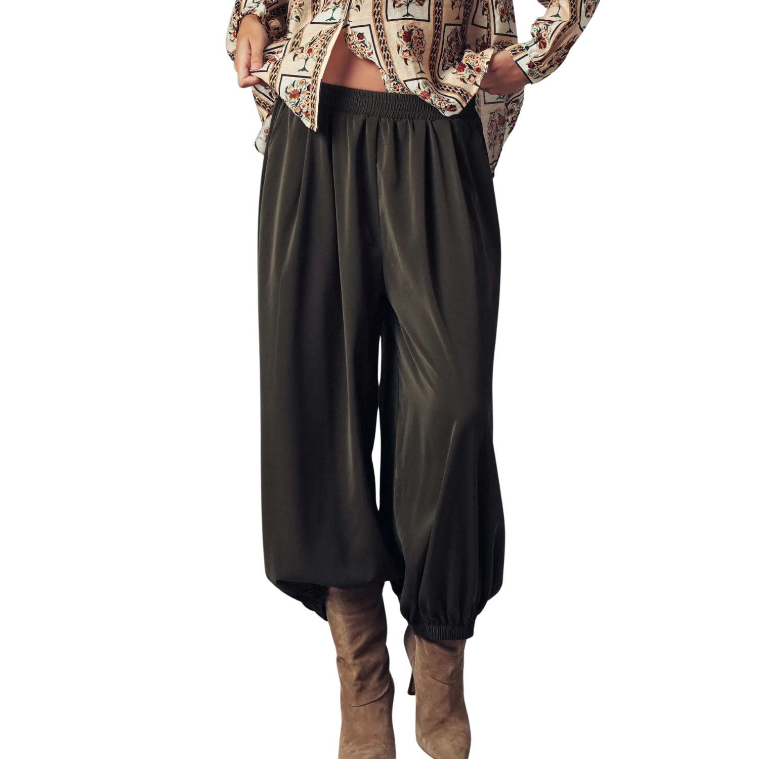 Boho Relaxed Fit Elastic Cuff Pants - Olive