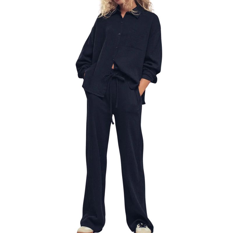 Textured Cotton Gauze Lounge Set - Black