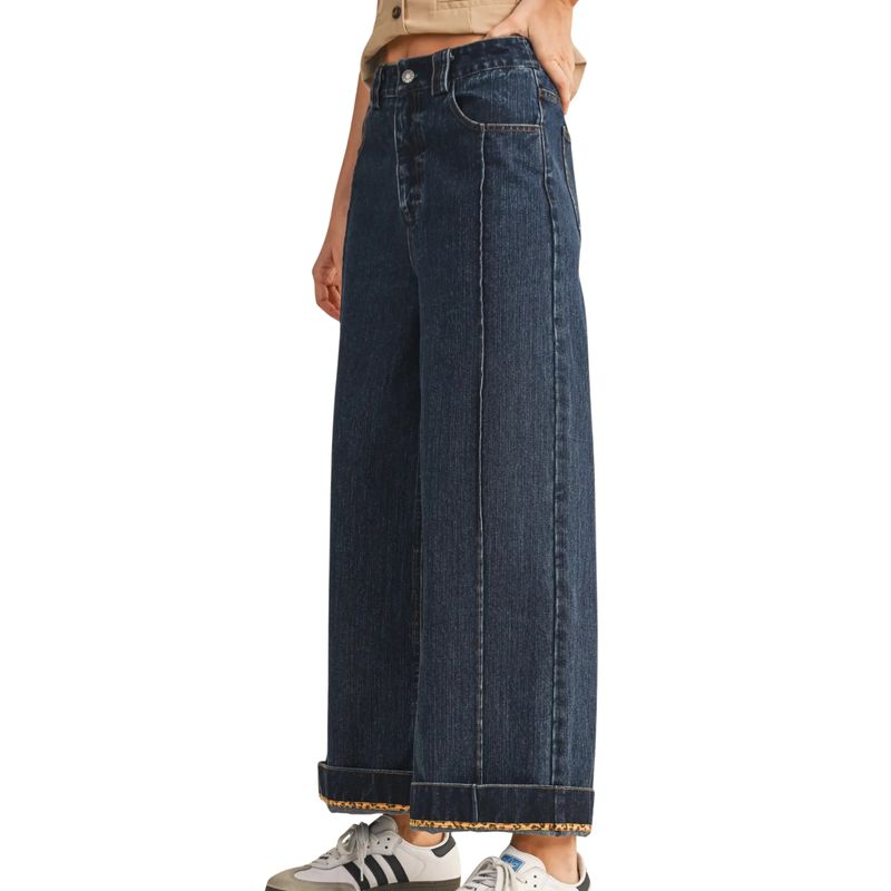 Leopard Contrast Roll Up Denim Pants