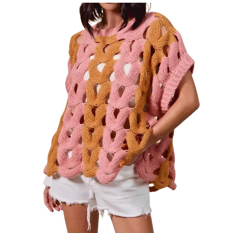 Color Block Open Knit Sweater Vest Top