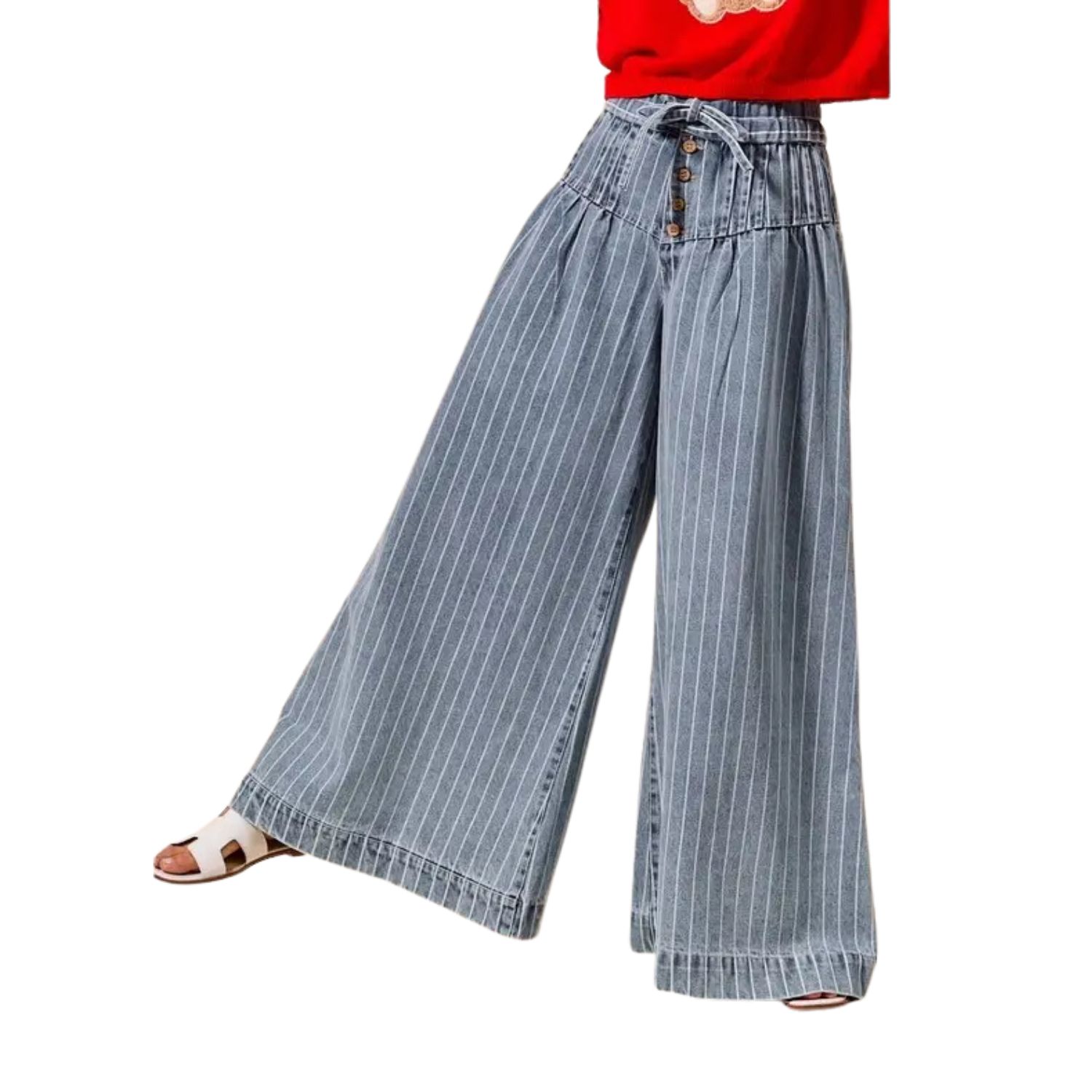 Stripe Denim Wide Leg Jeans with Button Closure