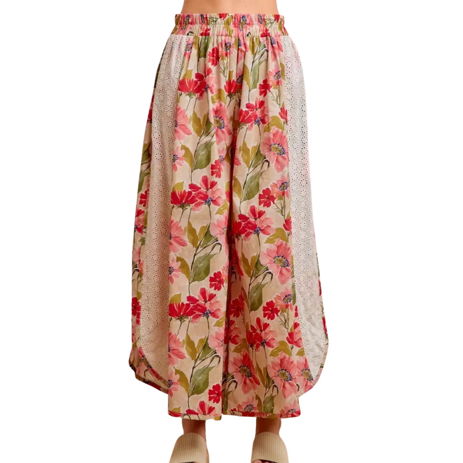Floral Eyelet Side Elastic Waist Wide Leg Pants