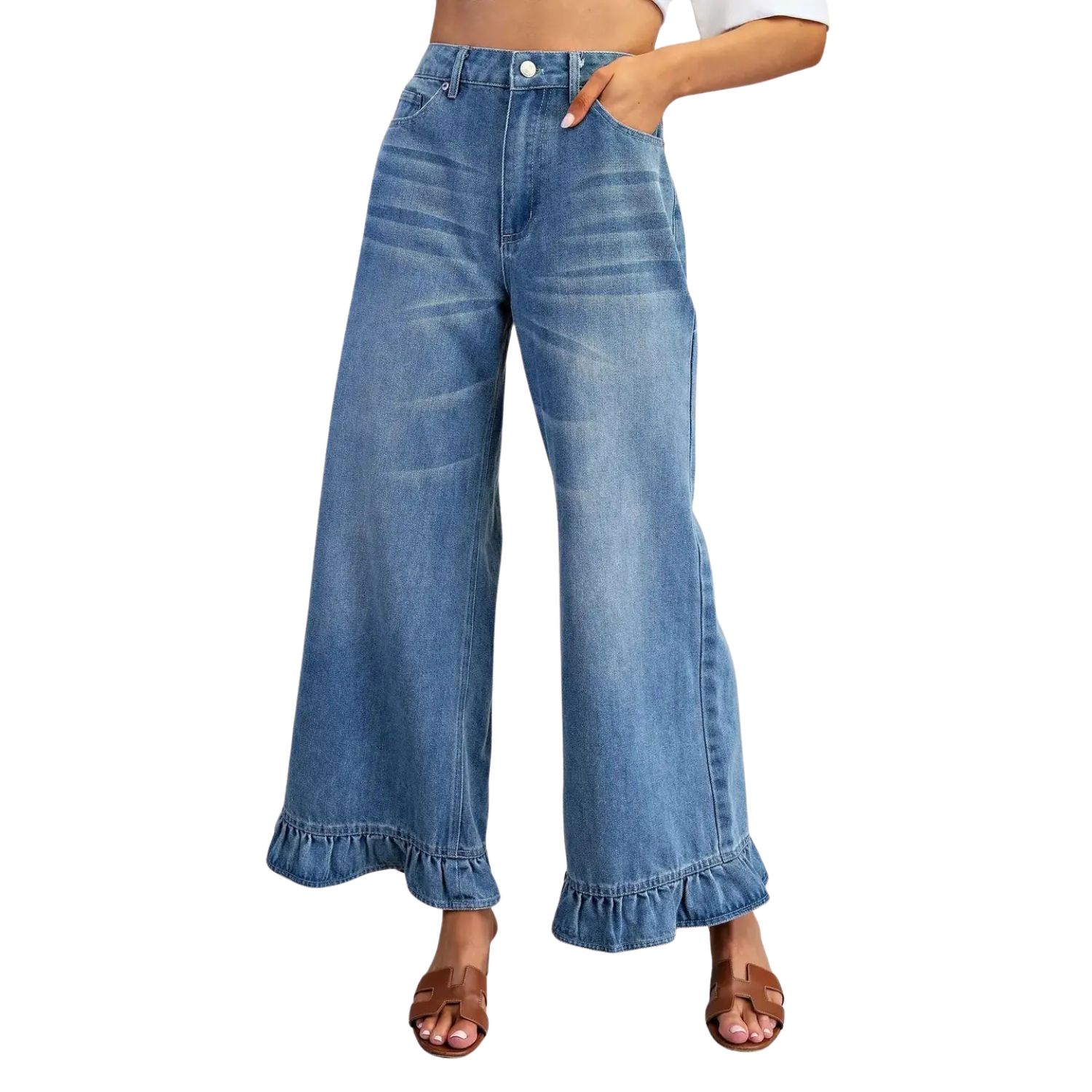 Mineral Washed Ruffle Hem Jeans