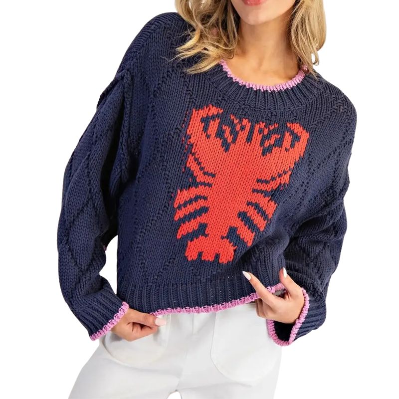 Navy Lobster Intarsia Knit Cropped Sweater Top