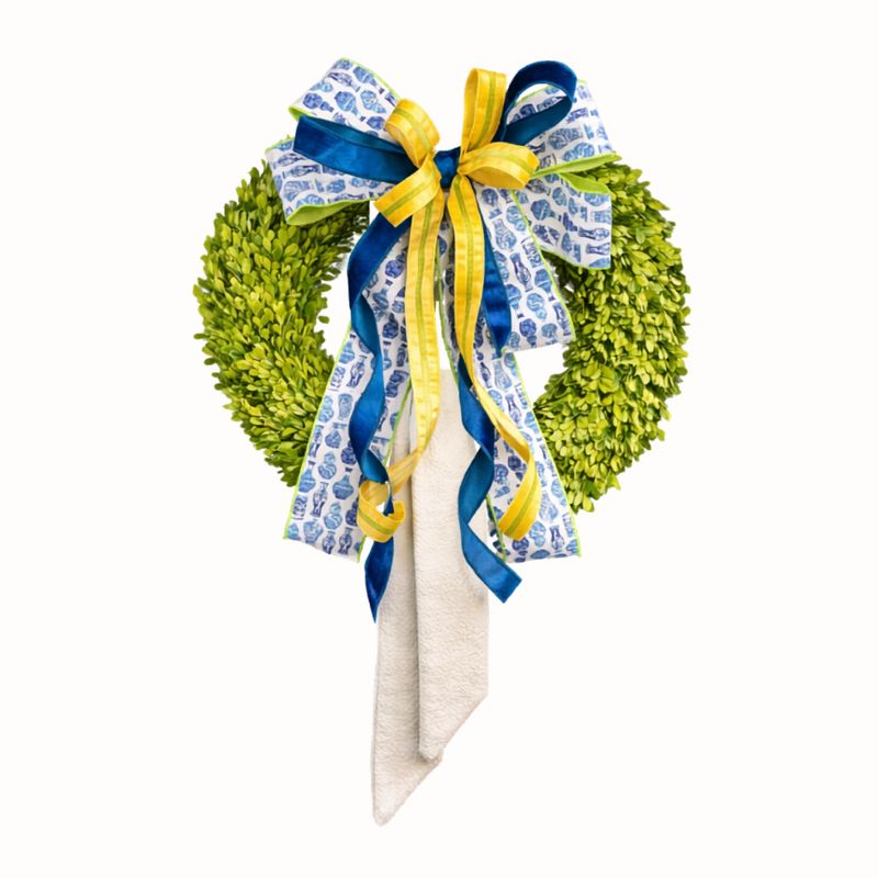 Blue Pot &amp; Yellow Ribbon Designer Wreath – Approx. 37” Long x 23” Wide