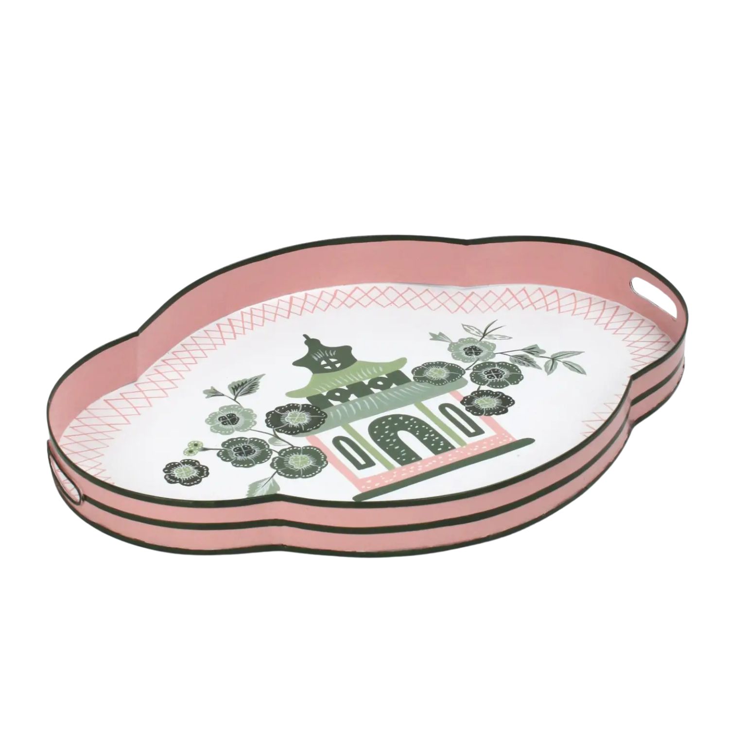 Green and Pink Oh Pagoda Hand-Painted Tole Tray