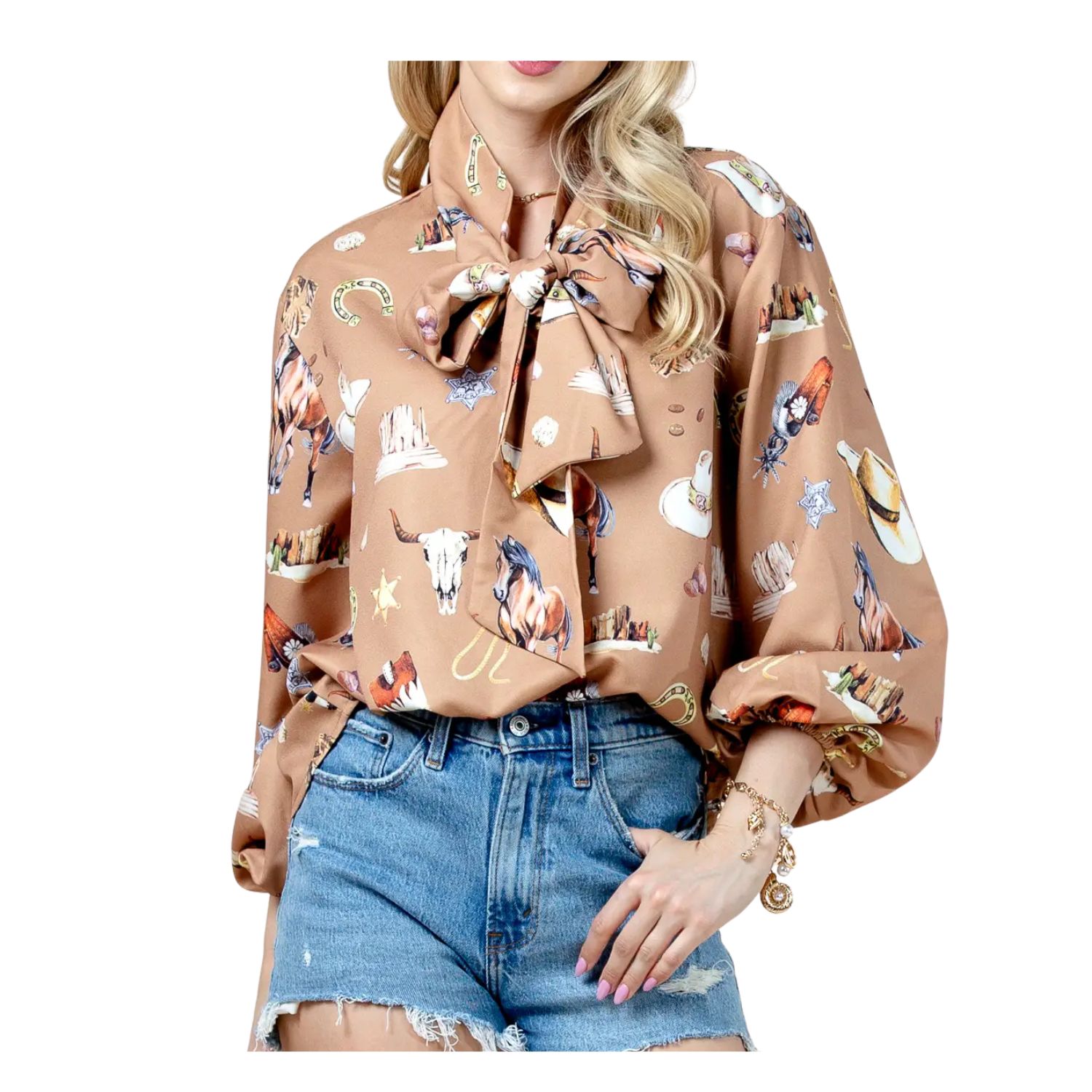 Western Sheriff Spur Shoes Print Blouse