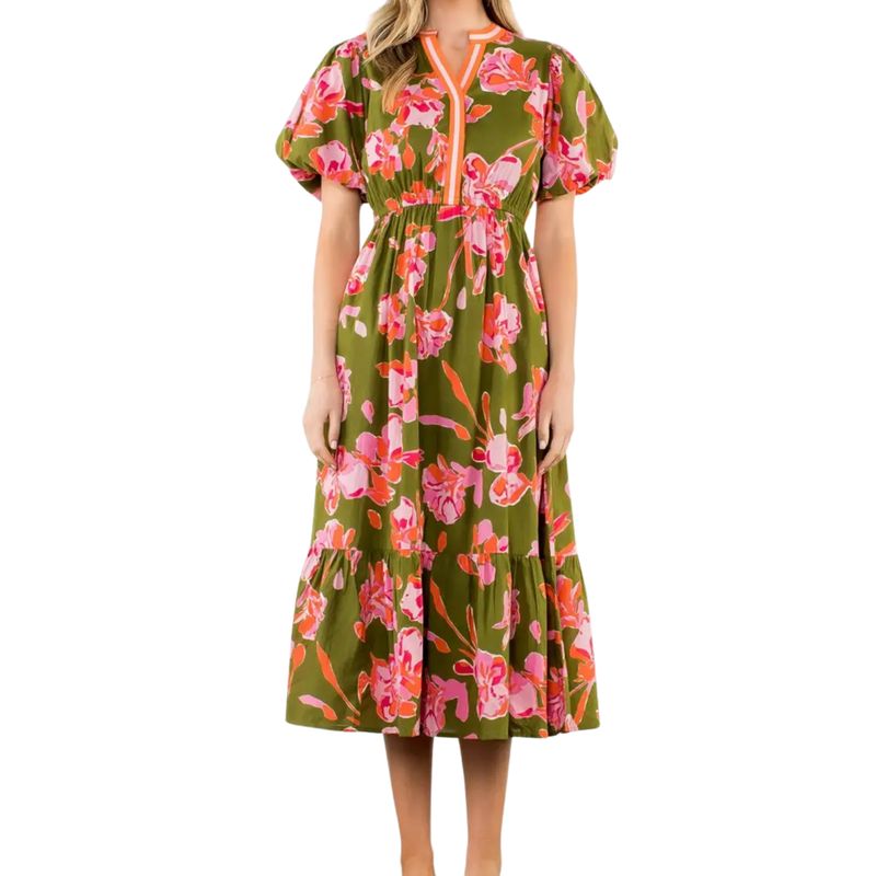 Puff Sleeve Floral Midi Dress