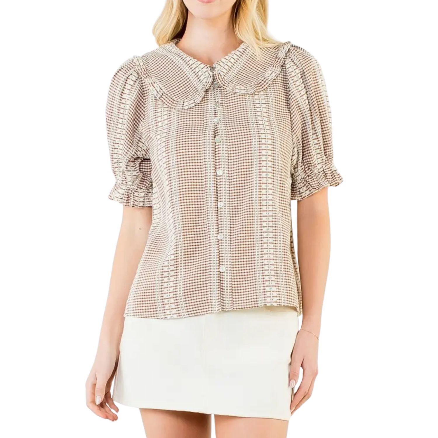 Puff Sleeve Gingham Patterned Top