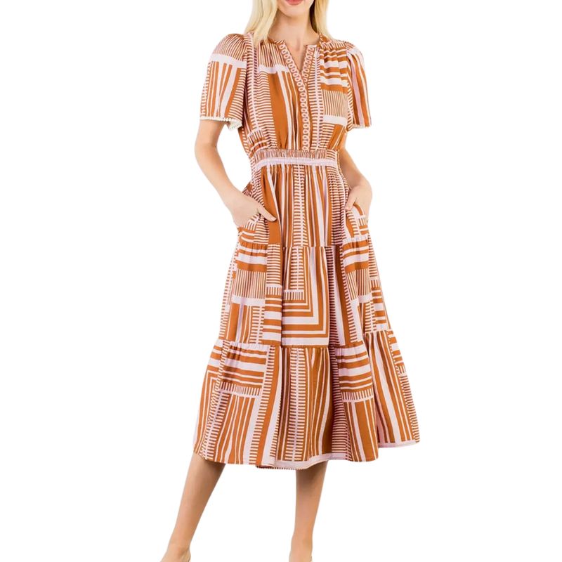 Short Sleeve Pattern Smocked Midi Dress