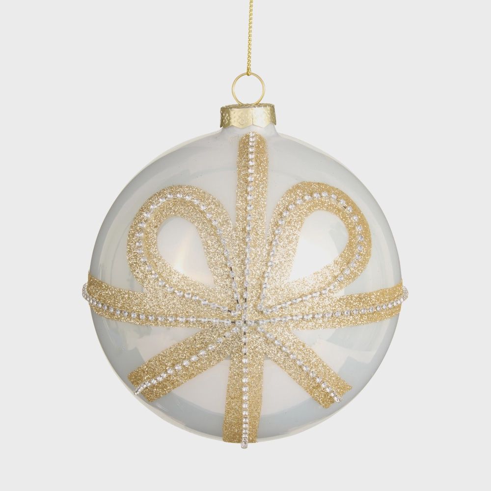 5" Gold Bow White Ball Ornament