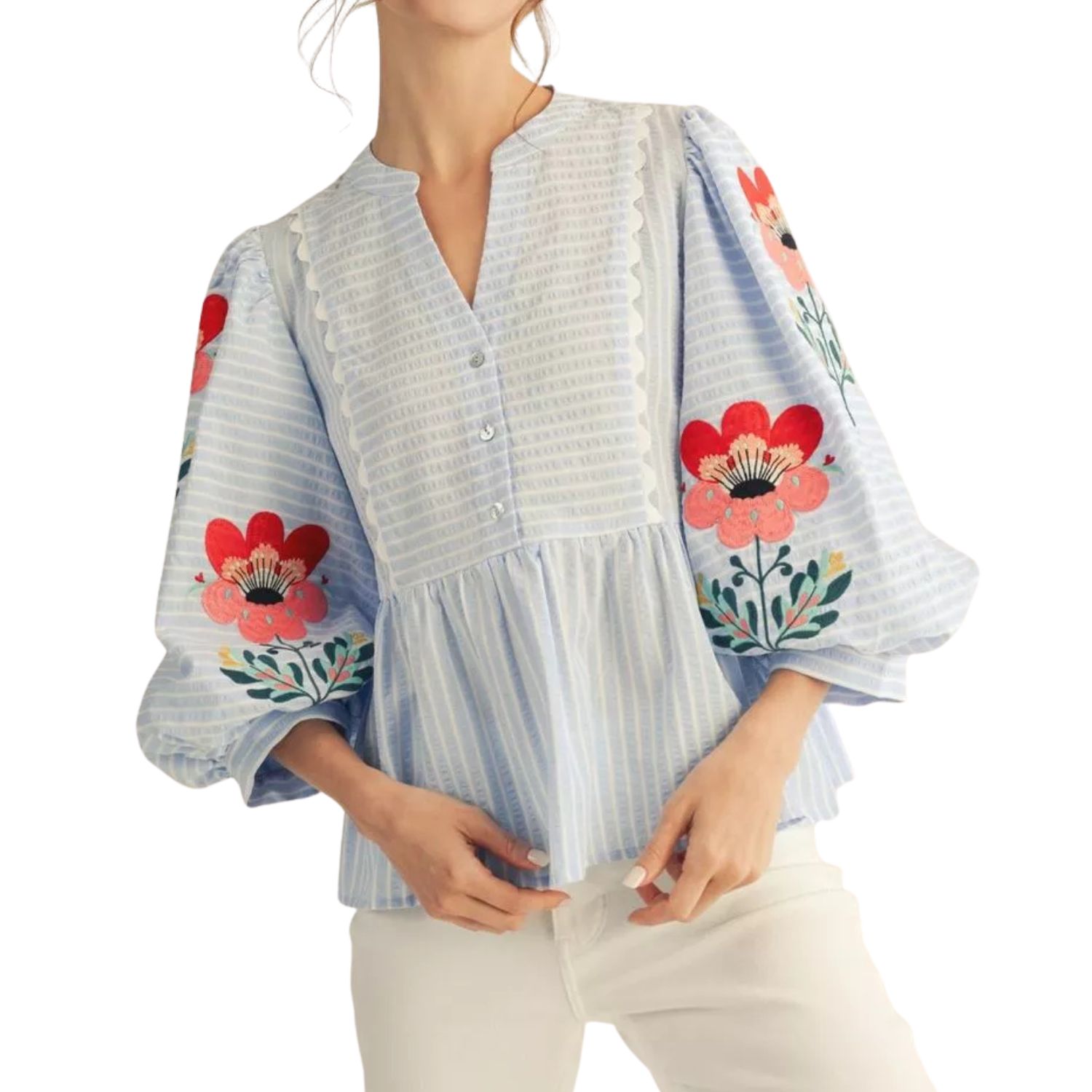 Blue Floral Embroidered Peplum Top