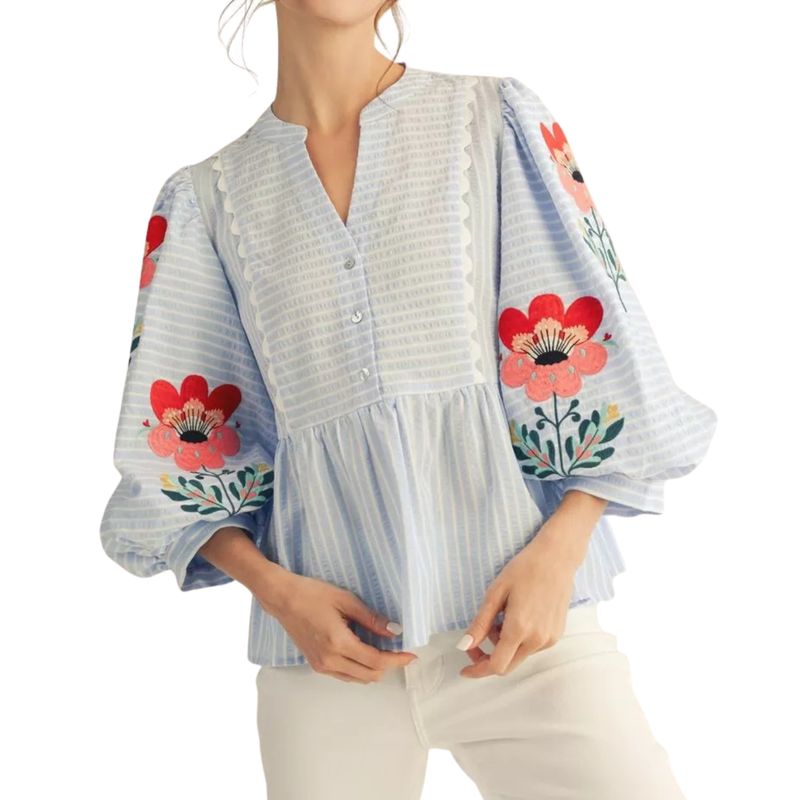 Blue Floral Embroidered Peplum Top
