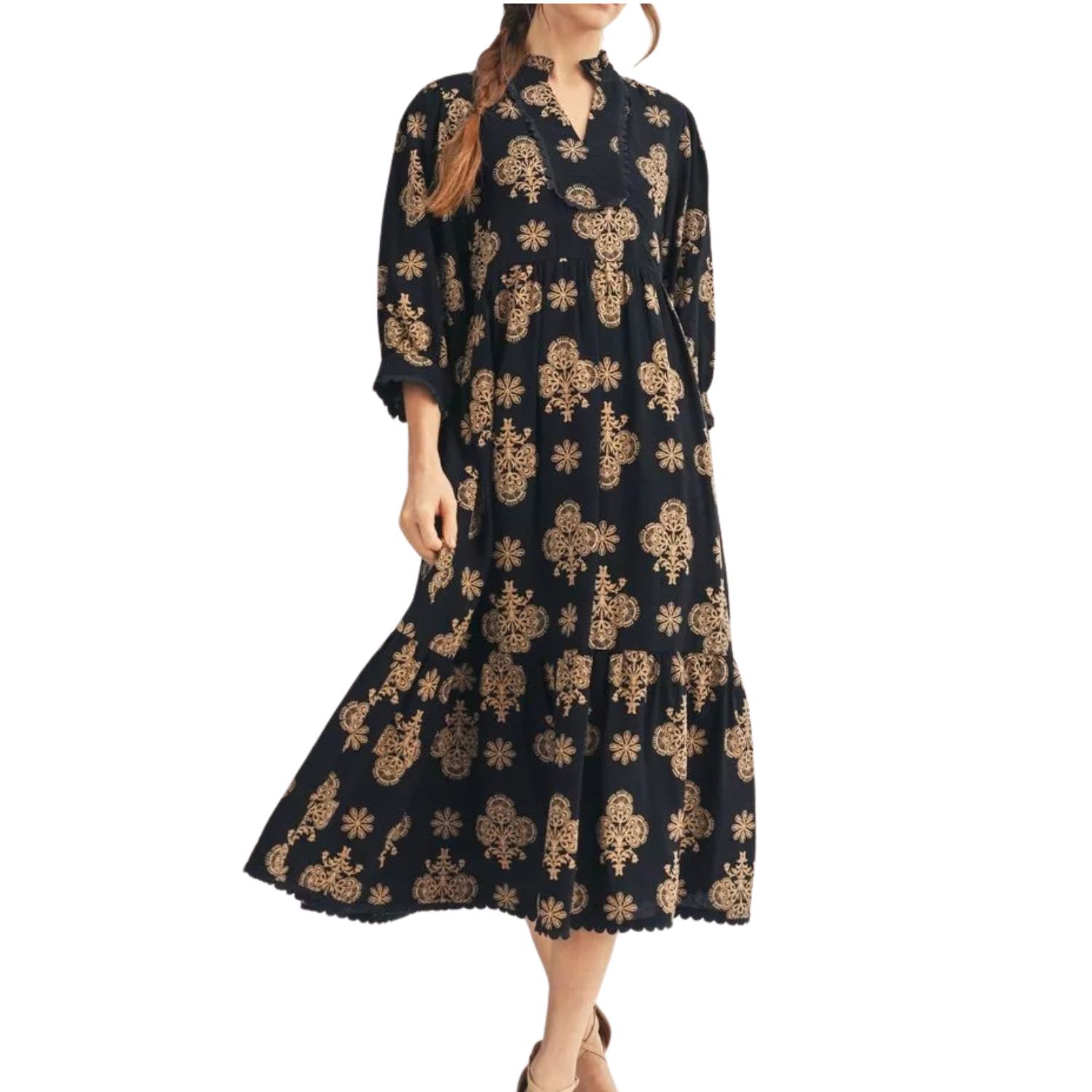 Black &amp; Gold Printed Midi Dress