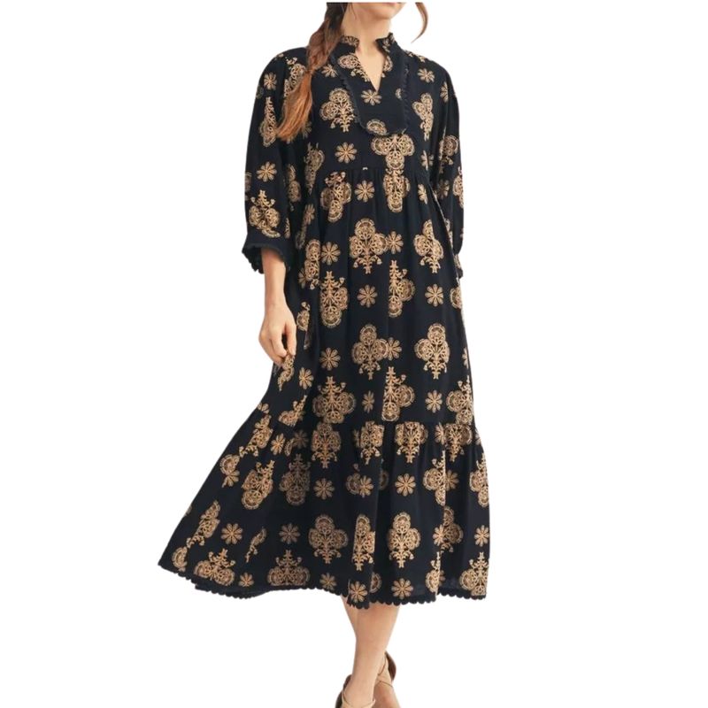 Black &amp; Gold Printed Midi Dress
