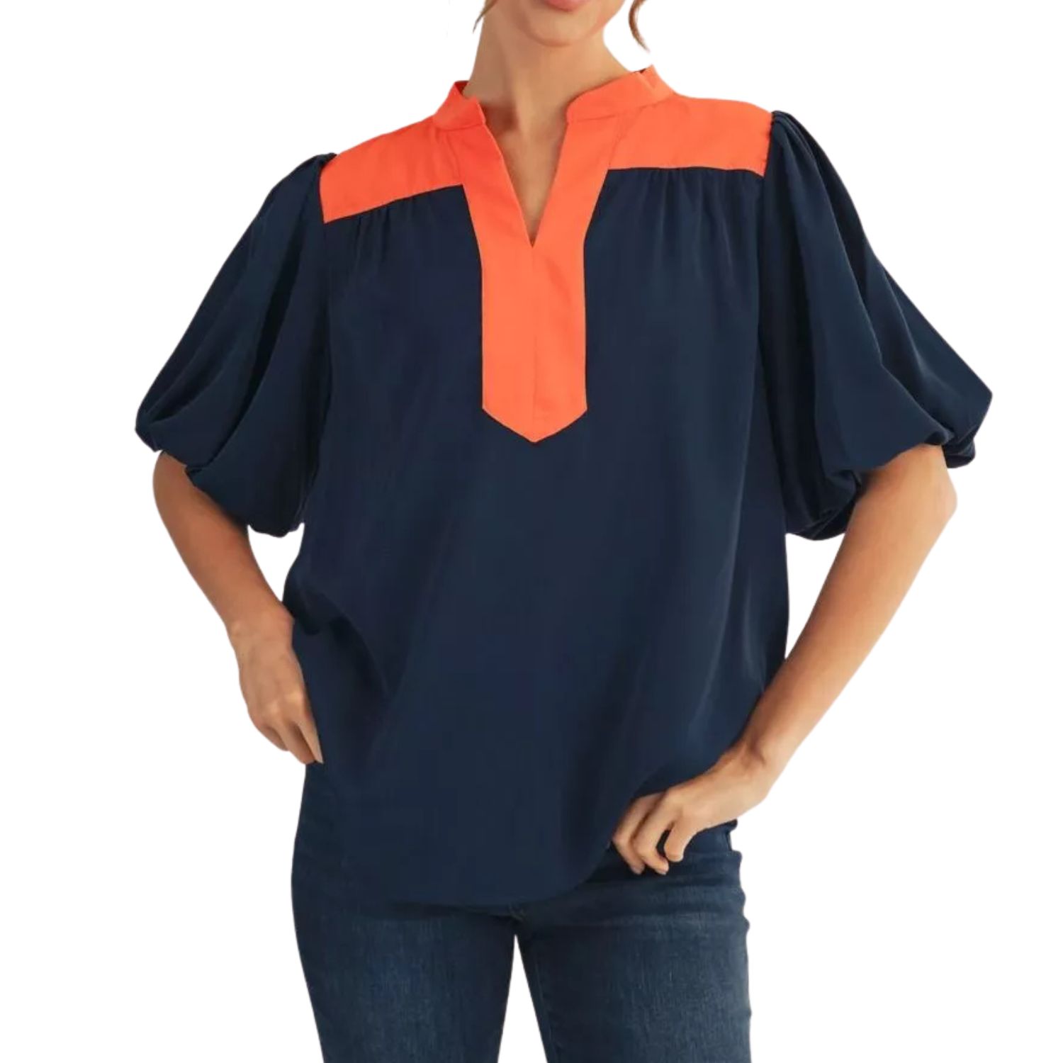 Navy &amp; Coral Contrast Puff Sleeve Top