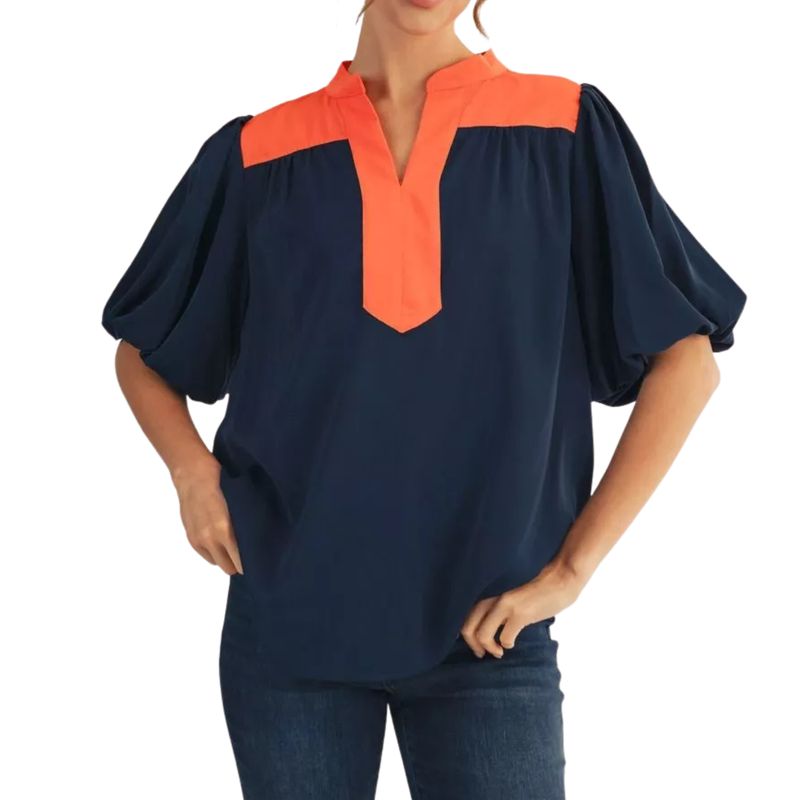 Navy &amp; Coral Contrast Puff Sleeve Top