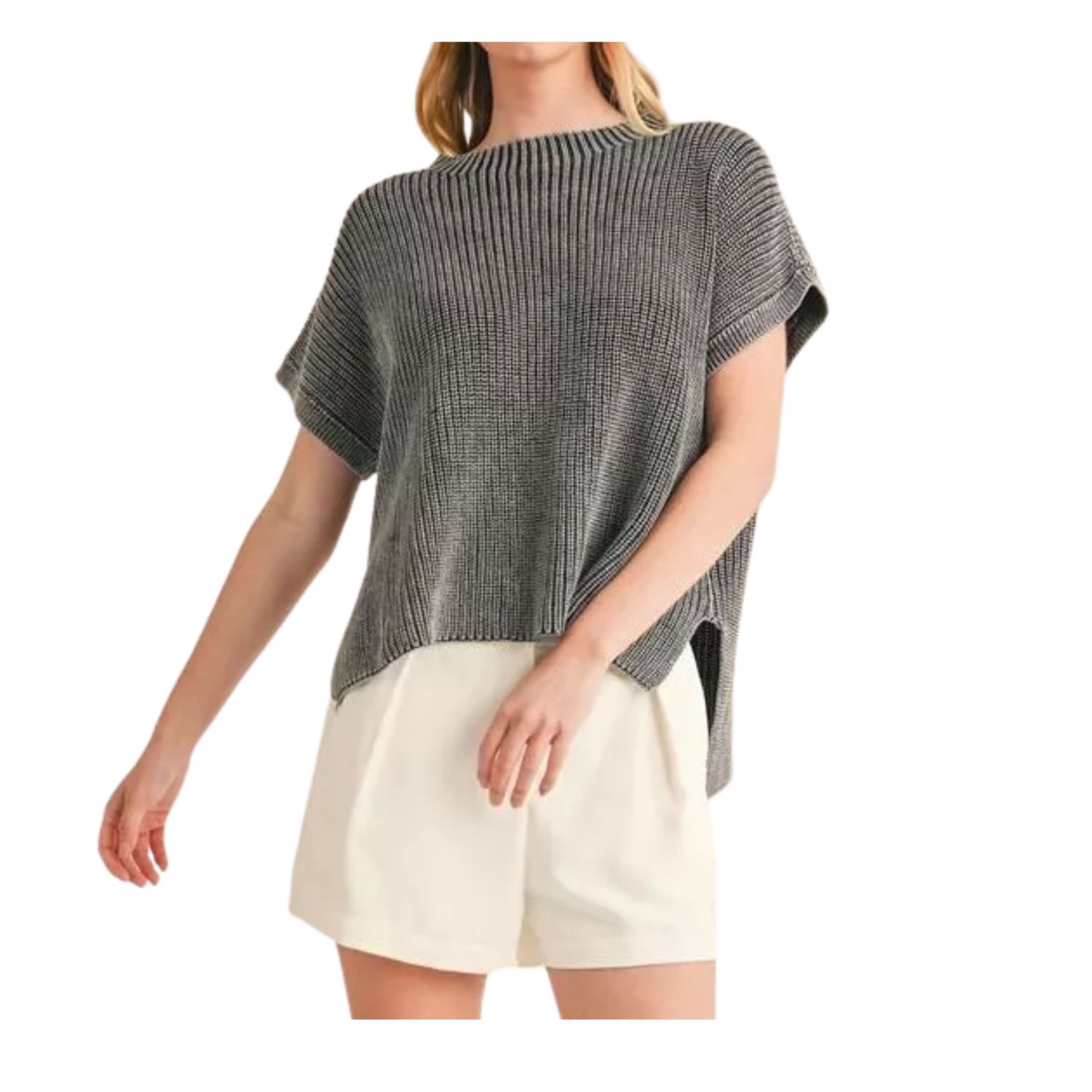 Charcoal Textured Short Sleeve Knit Top