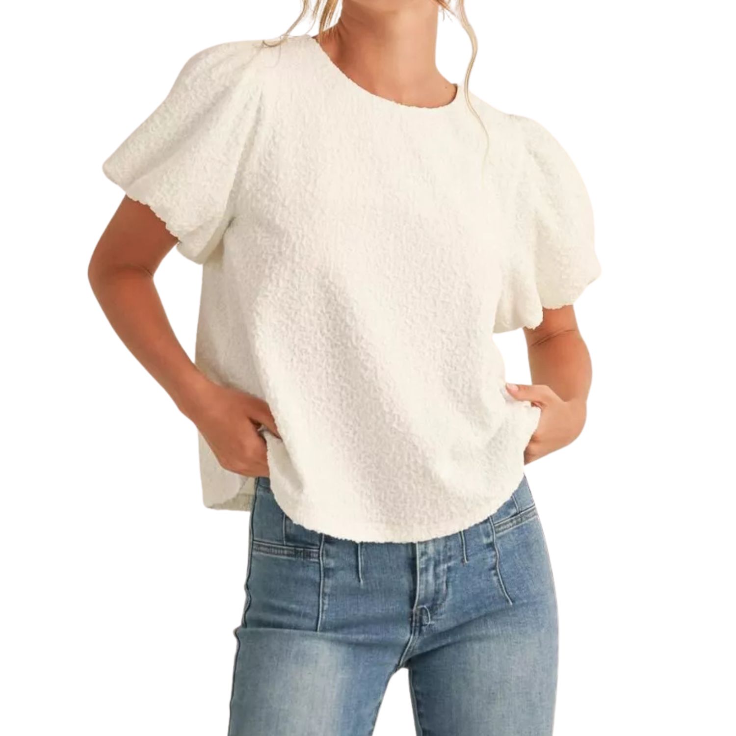 White Textured Flutter Sleeve Top