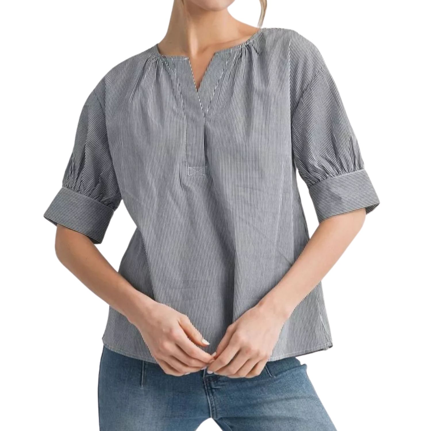 Grey Pinstripe Puff Sleeve Top