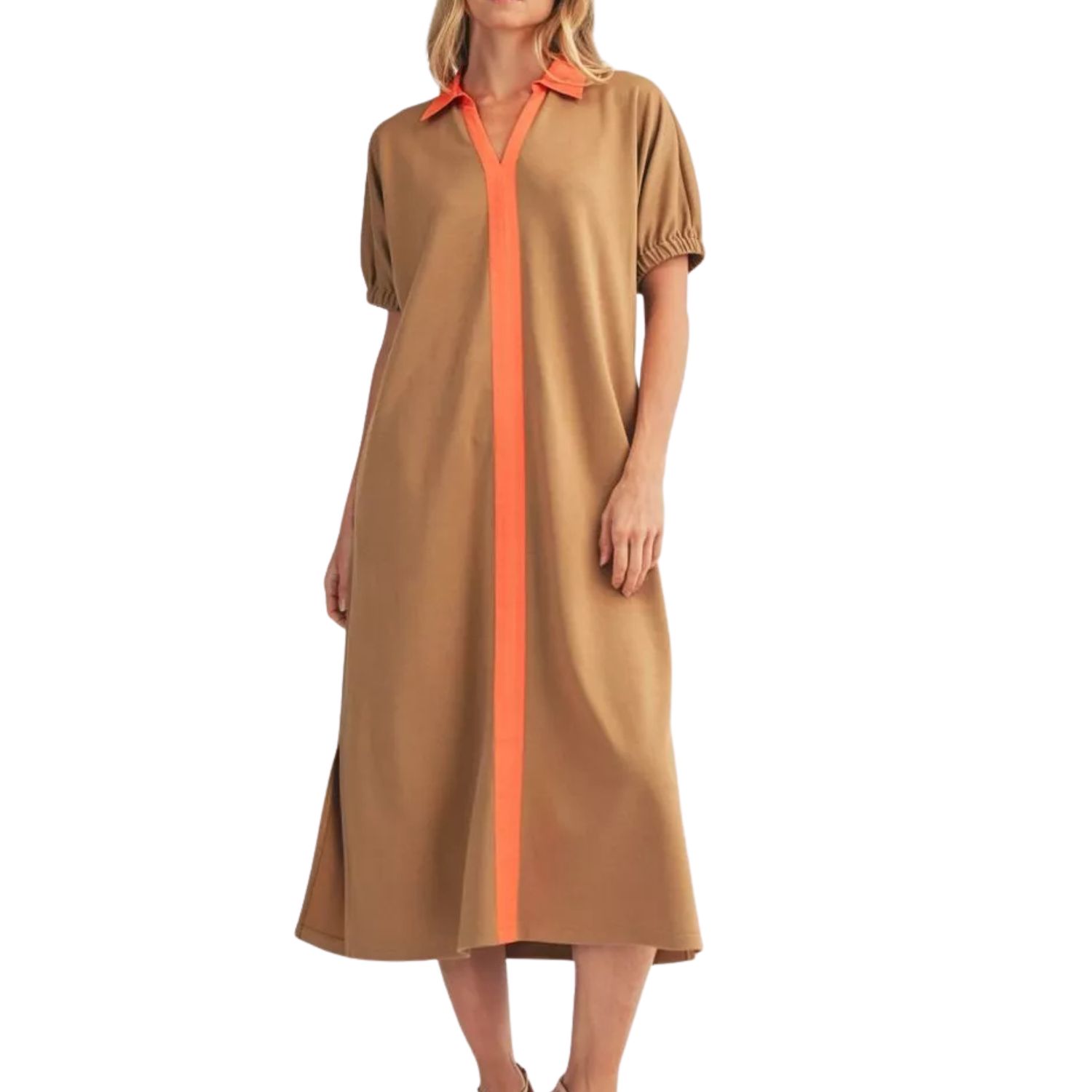 Camel &amp; Coral Contrast Midi Dress