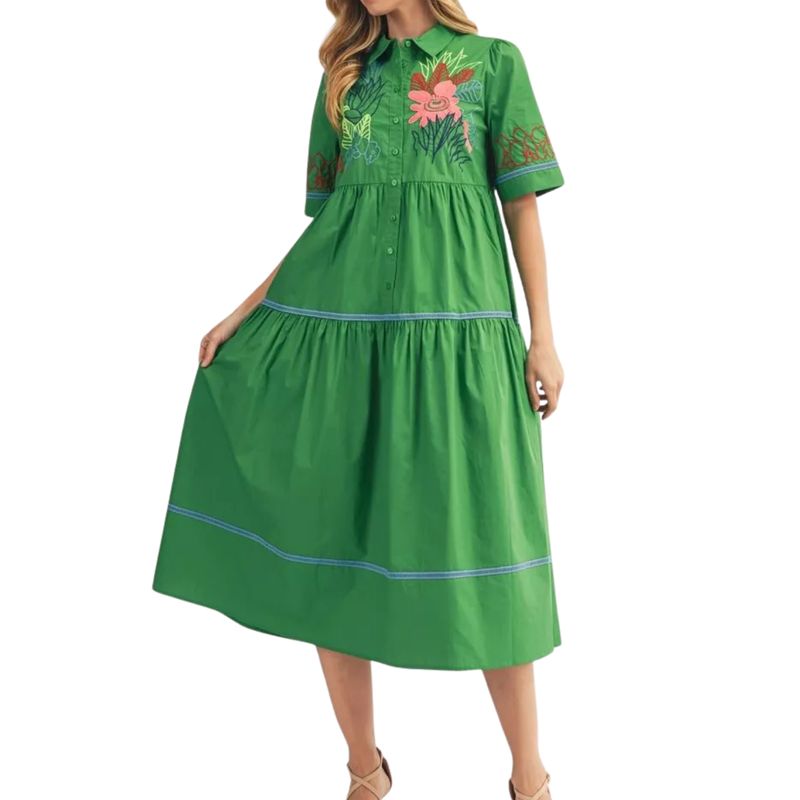 Green Floral Embroidered Tiered Midi Dress