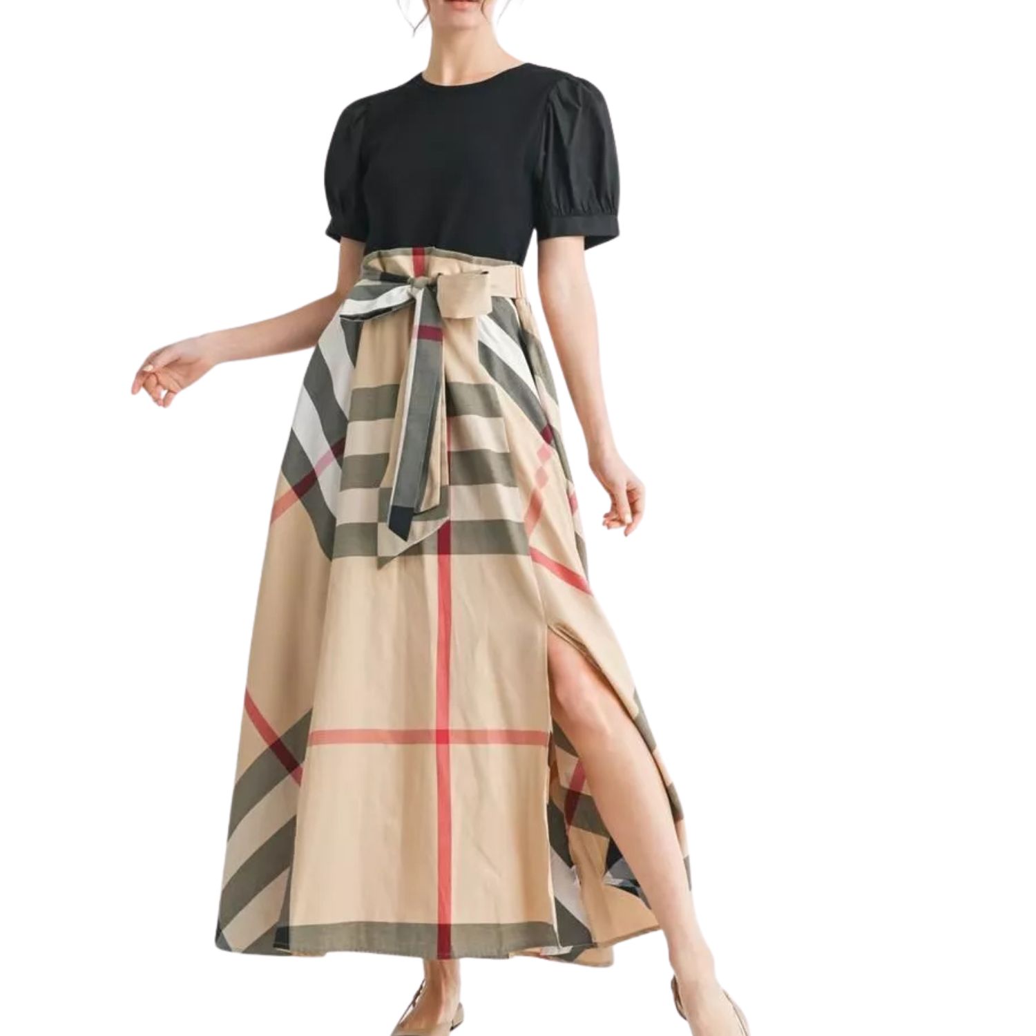 Black &amp; Plaid Tie Waist Midi Dress