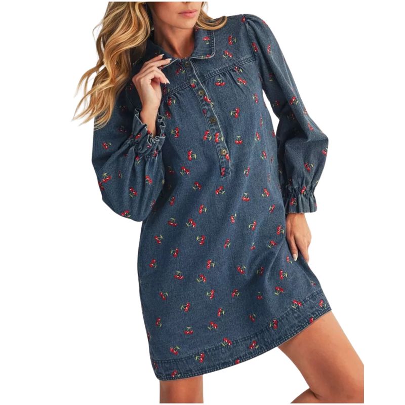 Cherry Embroidered Denim Mini Dress