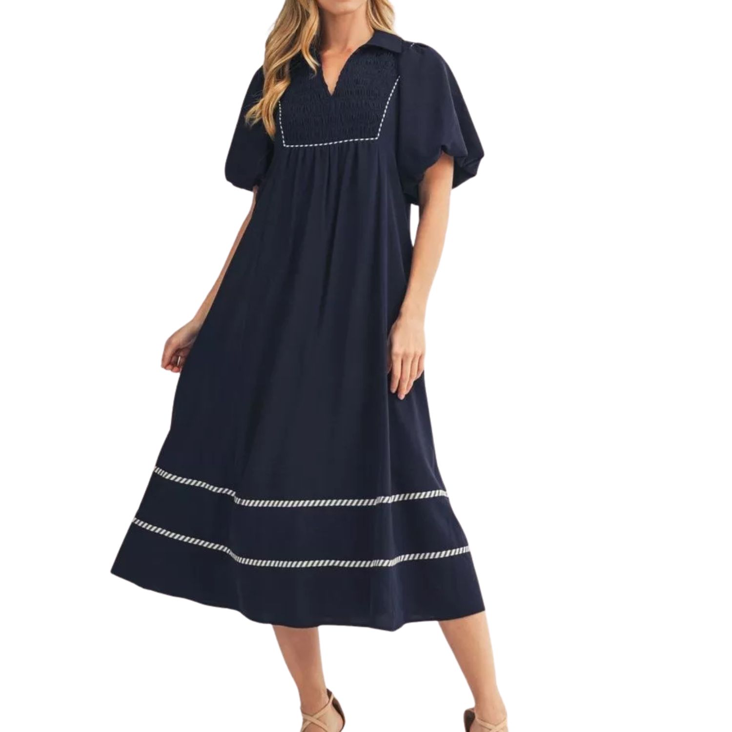 Navy Smocked Puff Sleeve Midi Dress