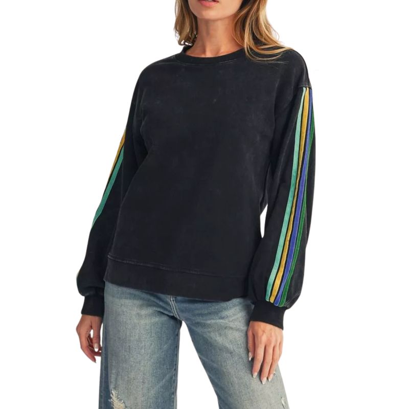 Vintage Wash Sweatshirt with Multi Stripe Sleeves