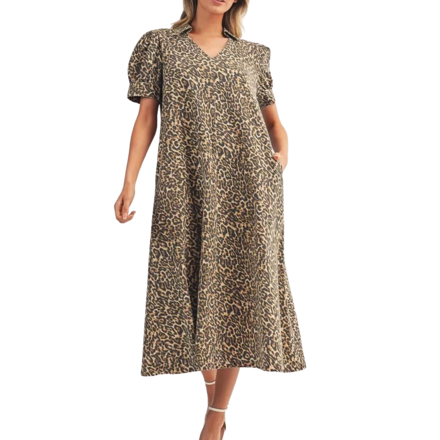 Leopard Print Puff Sleeve Midi Dress