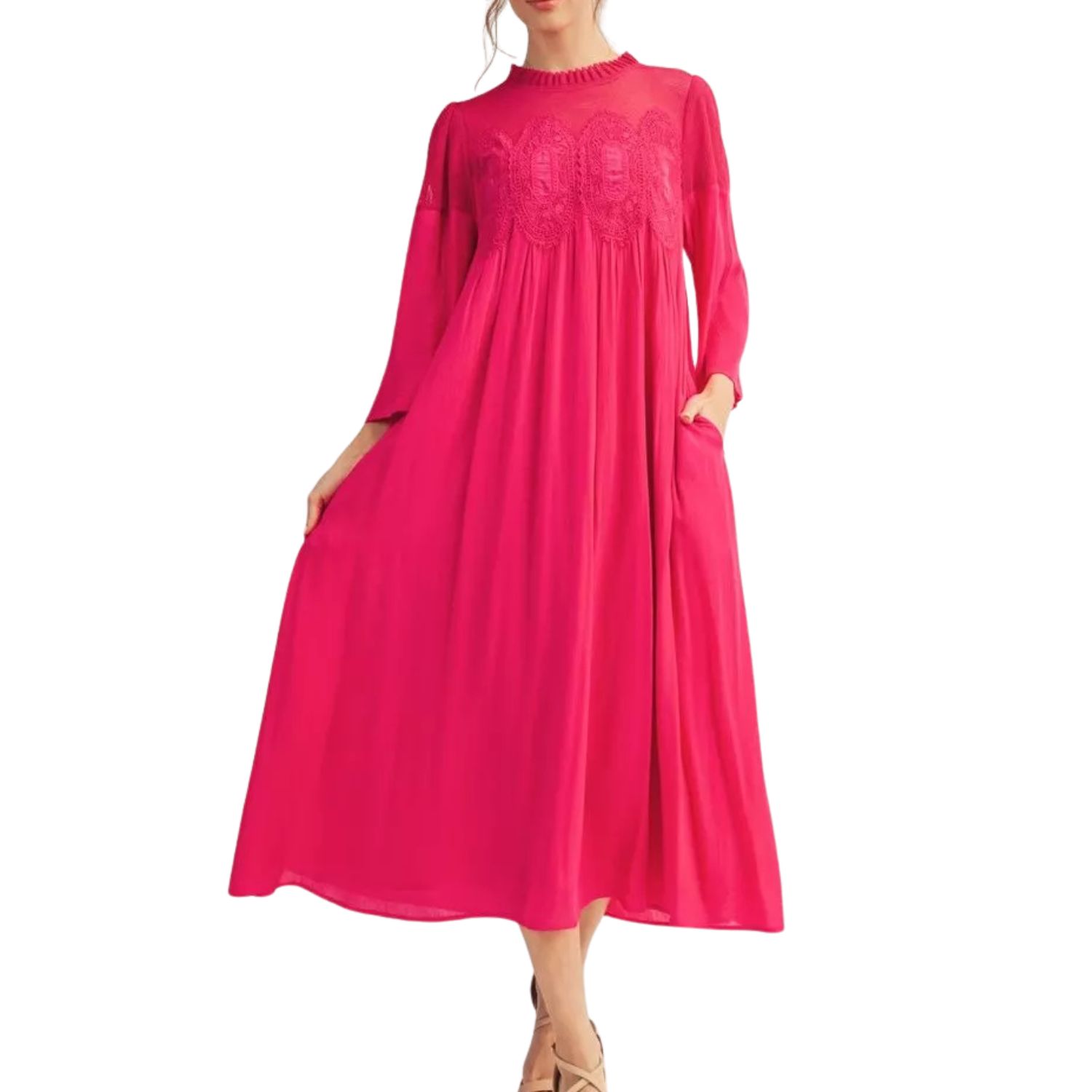 Hot Pink Lace Detail Midi Dress