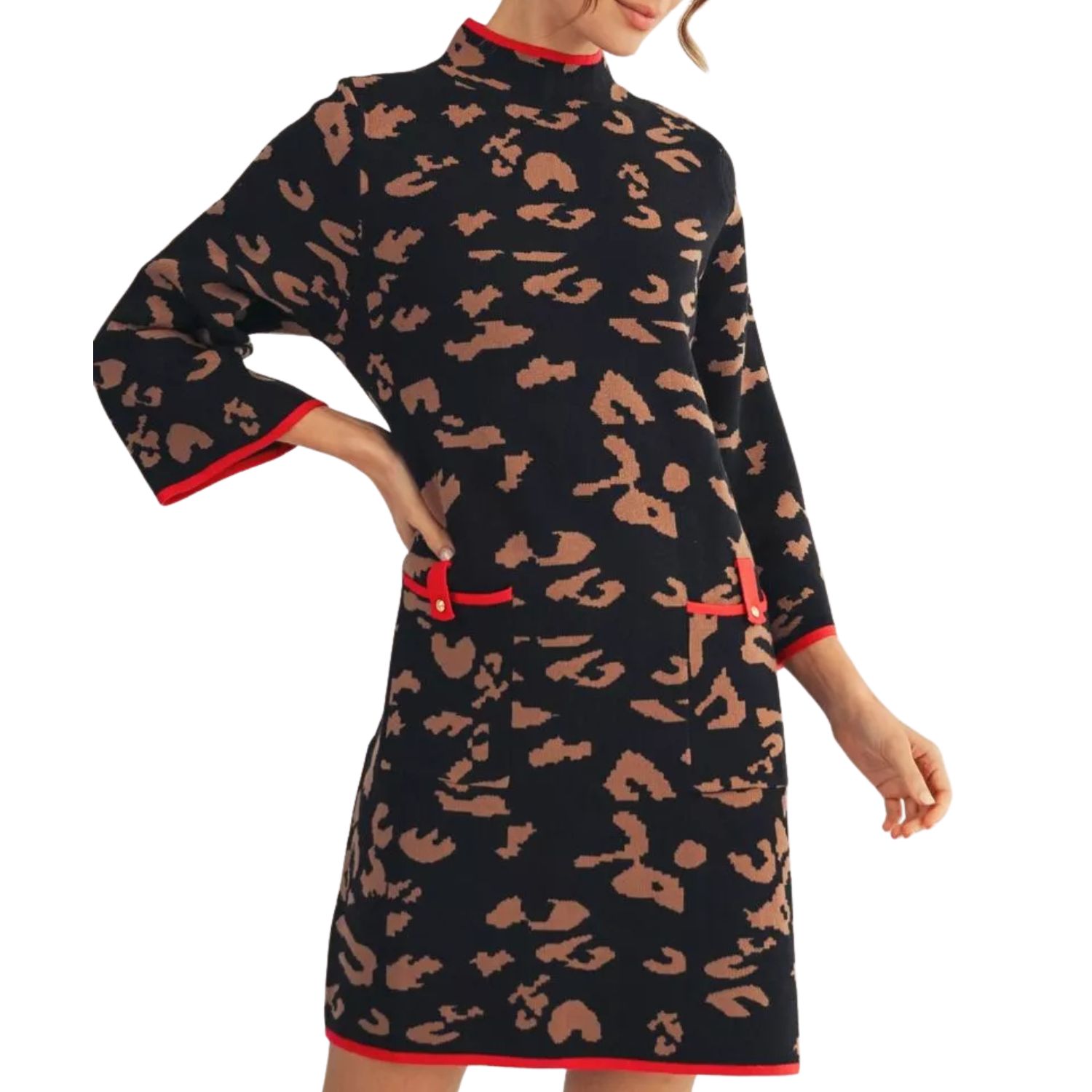 Leopard Print Knit Mini Dress with Red Trim