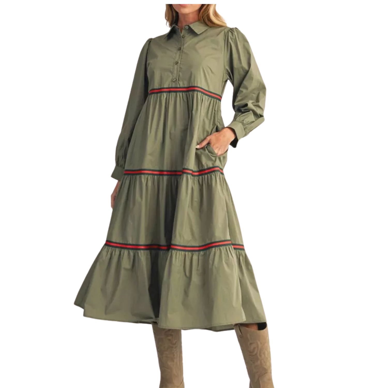 Olive Tiered Midi Dress with Contrast Trim
