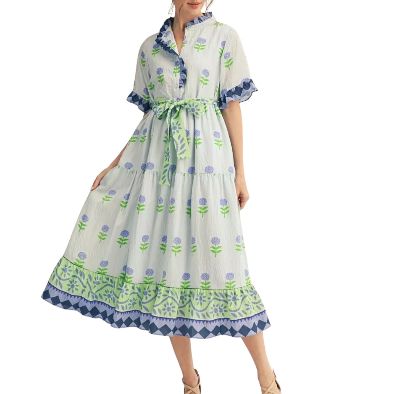 Blue Floral Tie Waist Midi Dress with Ruffle Trim