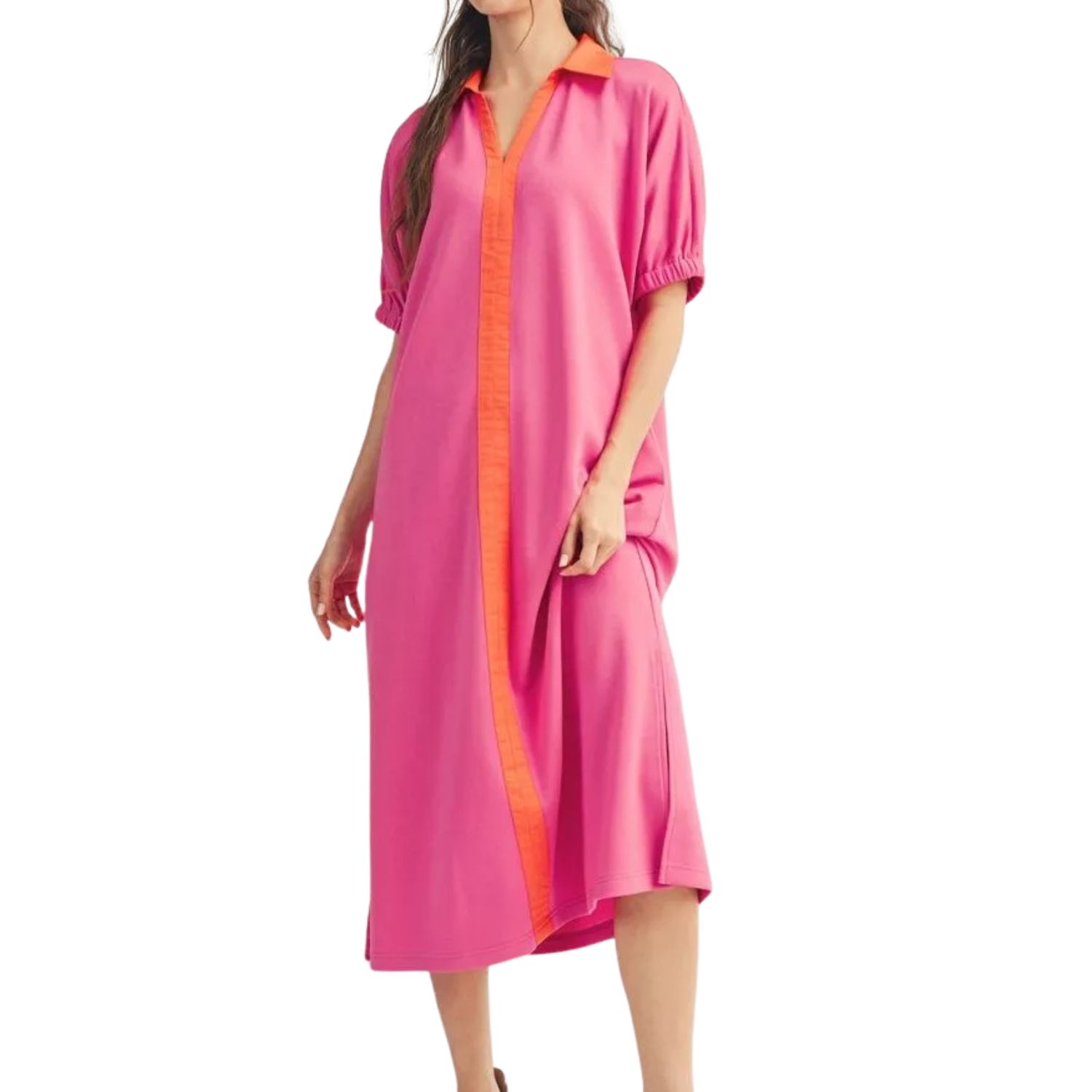 Pink &amp; Orange Contrast Trim Midi Dress