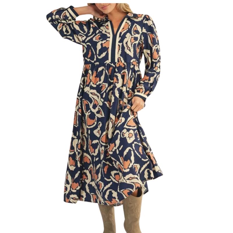 Navy Abstract Print Midi Dress