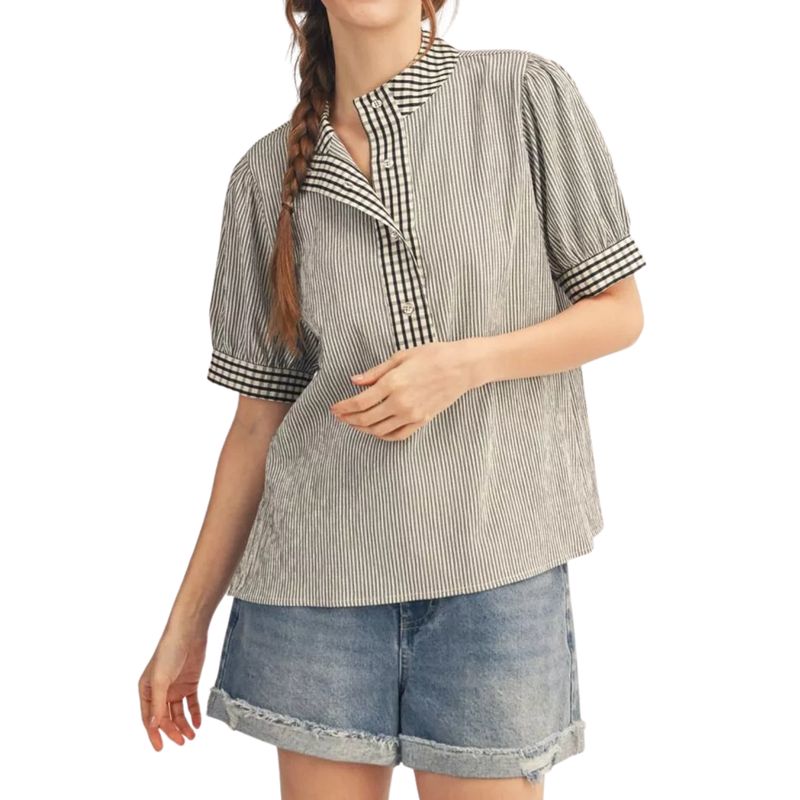 Black &amp; White Mixed Stripe Button Top