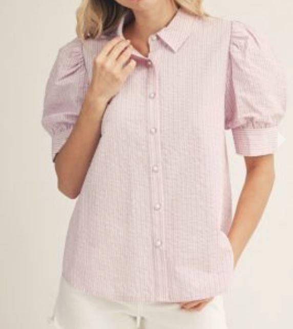 Pink Pinstripe Puff Sleeve Button Top