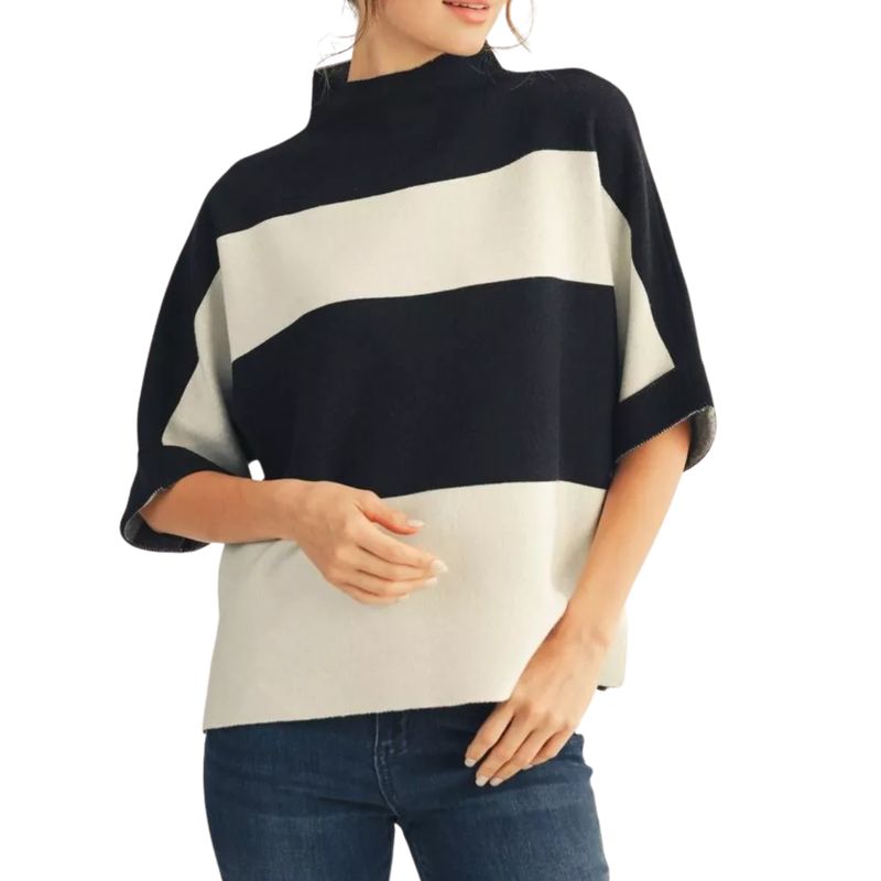 Black &amp; Cream Stripe Mock Neck Top