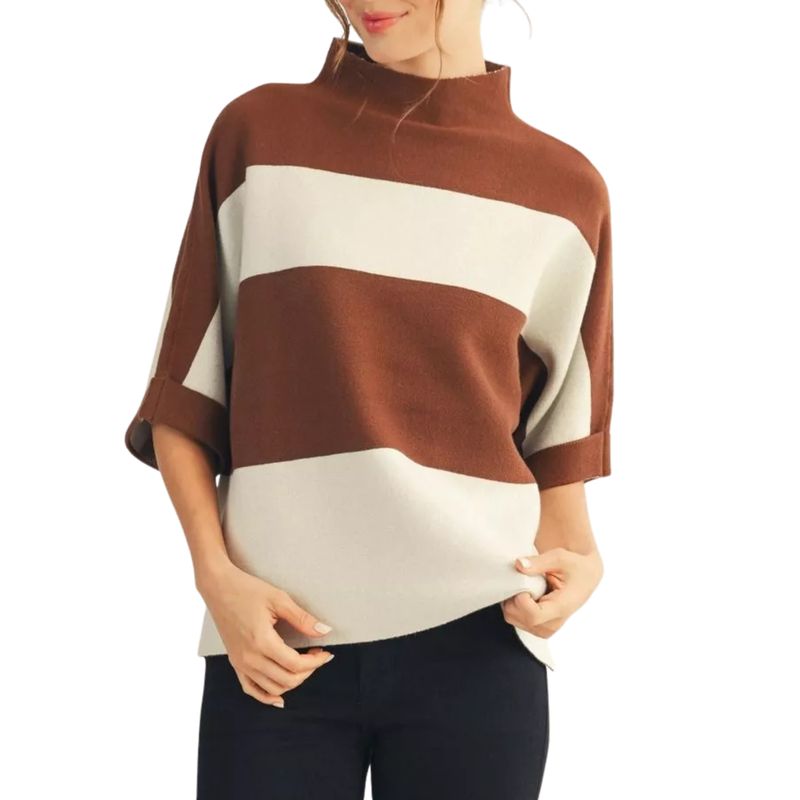 Brown &amp; Cream Stripe Mock Neck Top