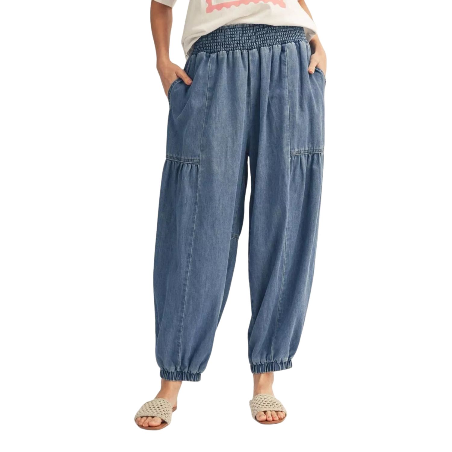 Chambray Smocked Waist Jogger Pants