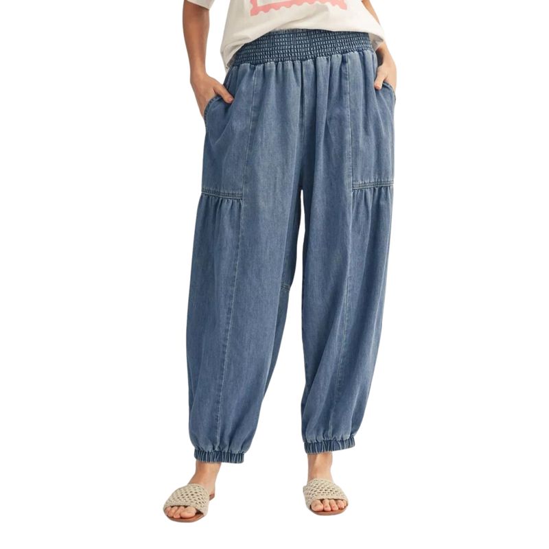 Chambray Smocked Waist Jogger Pants